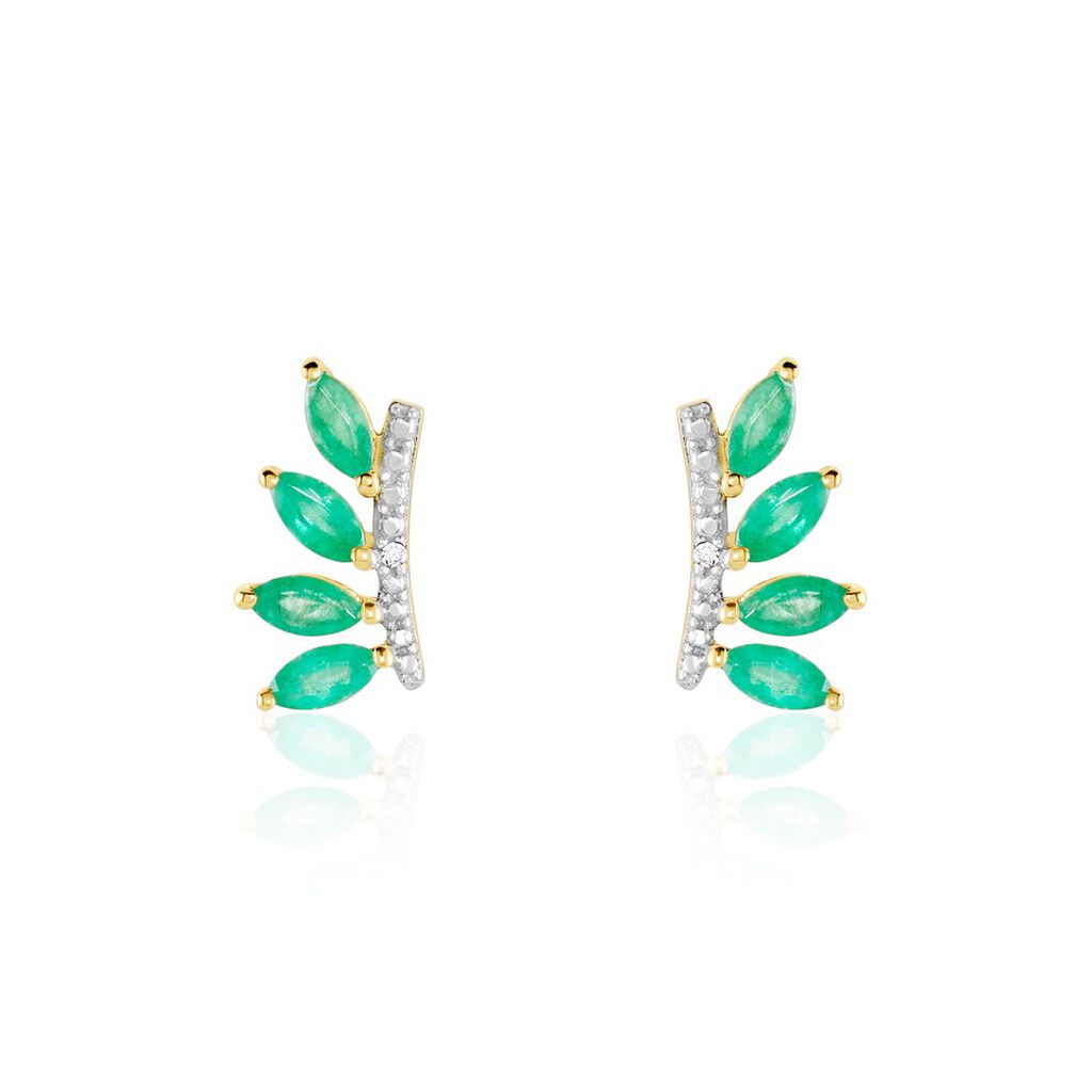Boucles D'oreilles Puces Navette Or Jaune Emeraude Diamant - Clous d'oreilles Femme | Histoire d’Or