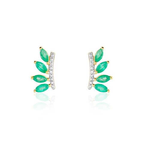 Boucles D'oreilles Puces Navette Or Jaune Emeraude Diamant - Clous d'oreilles Femme | Histoire d’Or