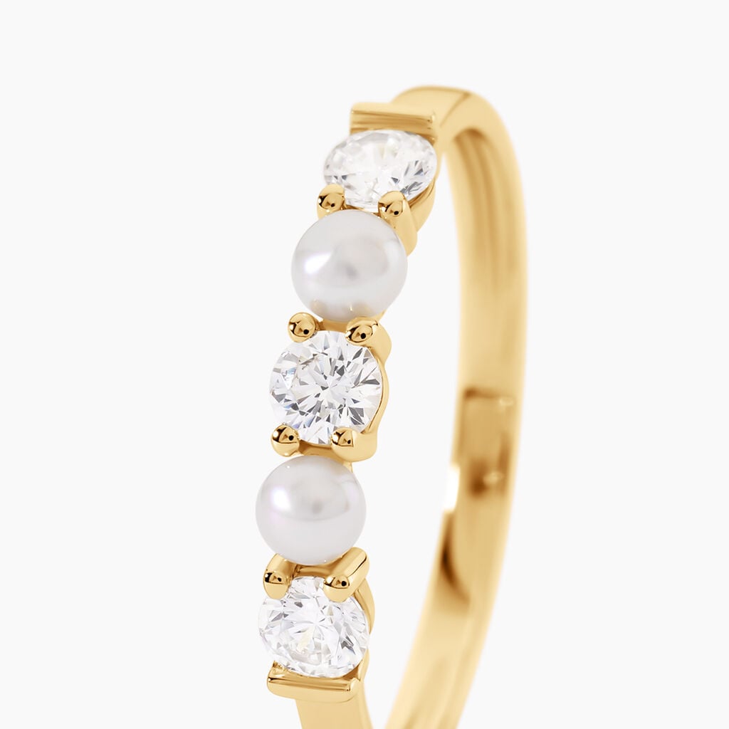 Bague Helena Argent Dor&eacute; A L'Or 750/1000 Perle De Culture Oxyde De Zirconium - Bagues avec pierre Femme | Histoire d&rsquo;Or