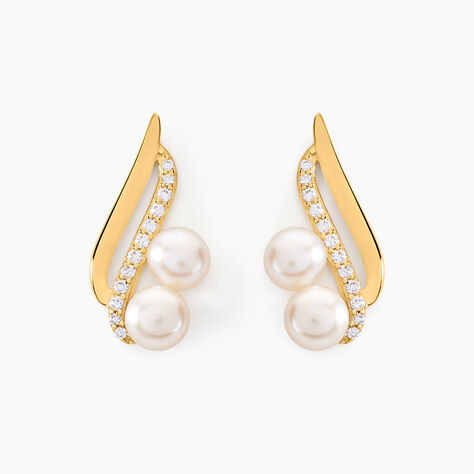 Boucles D'oreilles Puces Loeva Or Jaune Perle De Culture Et Oxyde - Clous d'oreilles Femme | Histoire d’Or