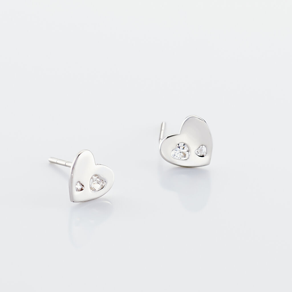 Boucles D'oreilles Puces Daria Coeur Plein Or Blanc Oxyde De Zirconium - Clous d'oreilles Femme | Histoire d&rsquo;Or