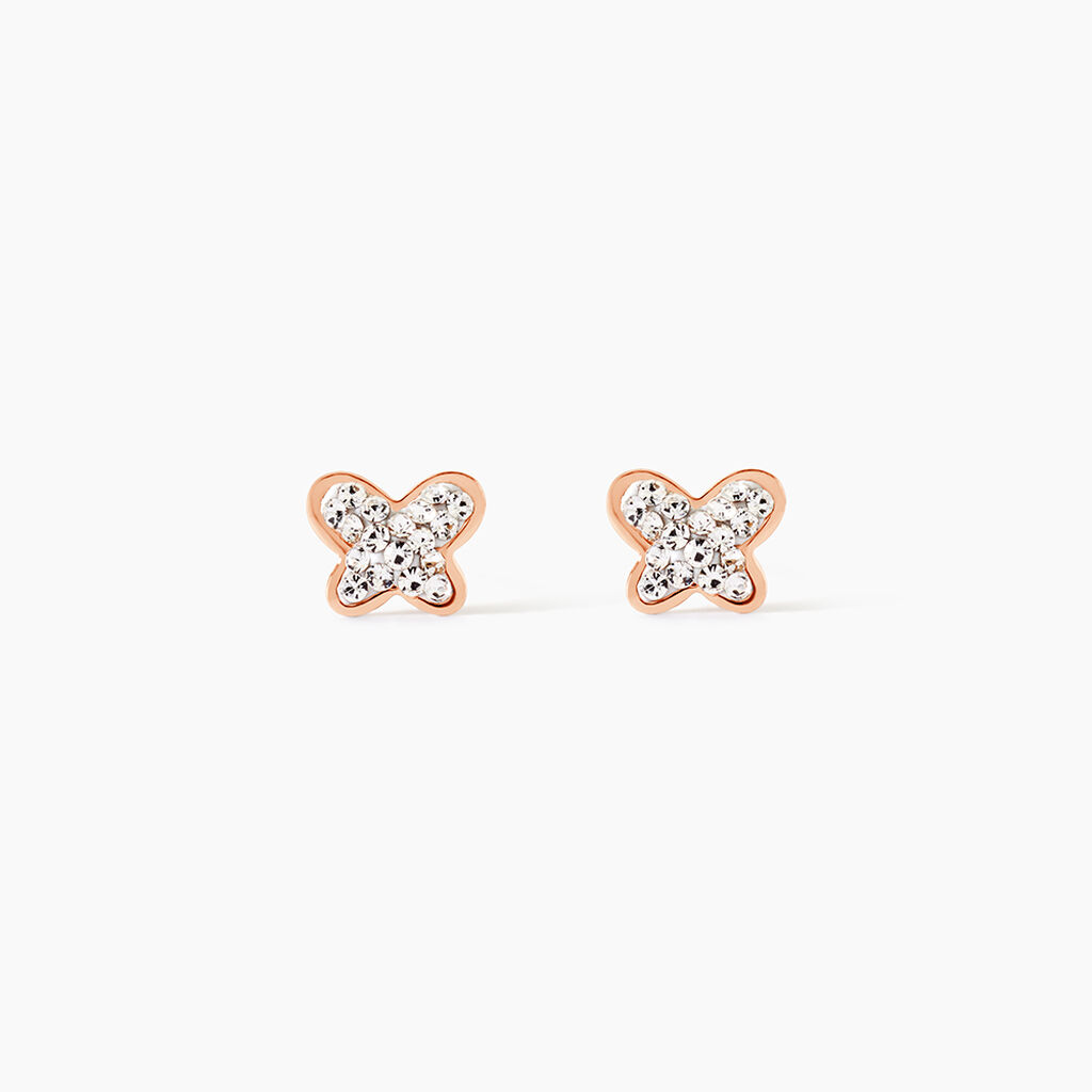 Boucles D'oreilles Puces Edme Papillon Or Rose Strass - Clous d'oreilles Femme | Histoire d&rsquo;Or
