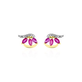 Boucles D'oreilles Puces Petale Or Bicolore Rubis Et Diamant - Clous d'oreilles Femme | Histoire d’Or