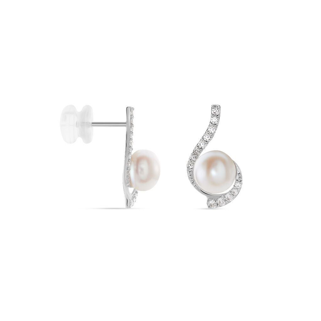 Boucles D'oreilles Puces Cassiopea Or Blanc Oxyde Et Perle De Culture - Clous d'oreilles Femme | Histoire d’Or