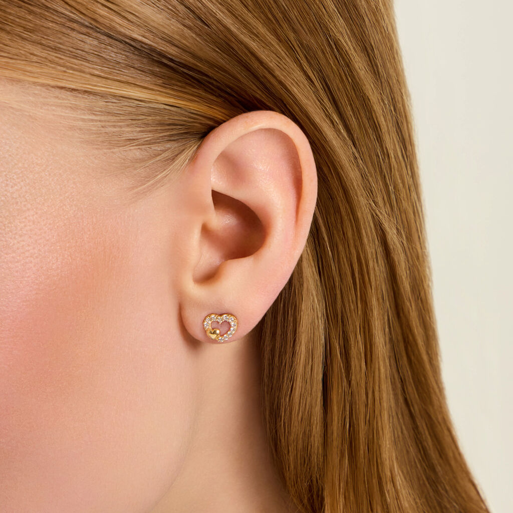Boucles D'Oreilles Puces Daria Double Coeurs Argent Dor&eacute; A L'Or 750/1000 Oxyde De Zirconium - Boucles d'oreilles fantaisie Enfant | Histoire d&rsquo;Or