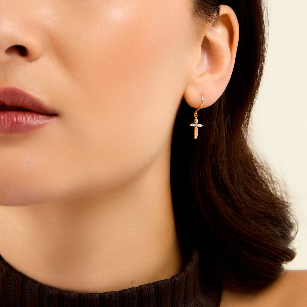 Boucles D'Oreilles Pendantes Chastity Argent Dor&eacute; A L'Or 750/1000 Oxyde De Zirconium - Boucles d'oreilles pendantes Femme | Histoire d&rsquo;Or