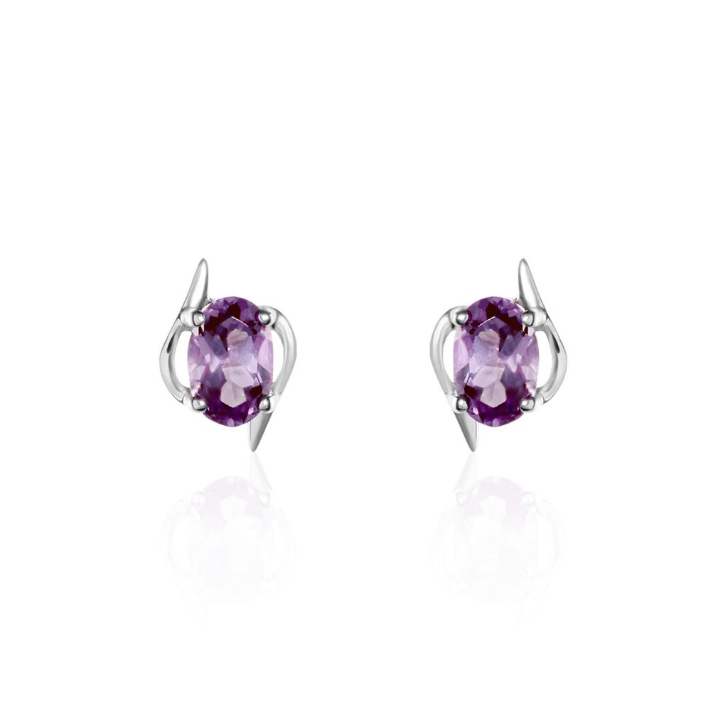 Boucles D'oreilles Puces Vrille Ovale Or Blanc Amethyste - Clous d'oreilles Femme | Histoire d’Or