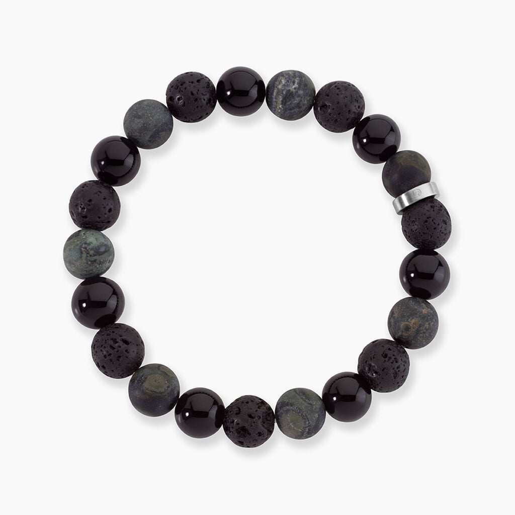 Bracelet Naturel Acier Argent&eacute; Pierre De Lave Jaspe Africain Agate - Bracelets Lithoth&eacute;rapie Homme | Histoire d&rsquo;Or