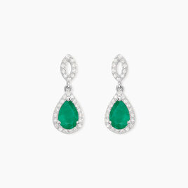 Boucles D'oreilles Puces Sissi Or Blanc Diamant Et Emeraude - Boucles d'oreilles pendantes Femme | Histoire d’Or