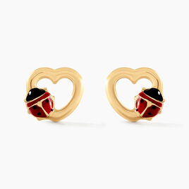Boucles D'Oreilles Enfant Coccinelle Rouge Émail - Puces Plaqué Or Jaune 18 Carats