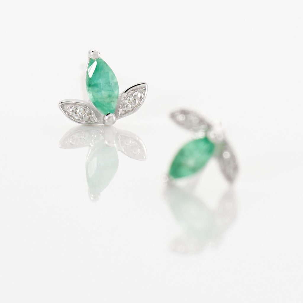 Boucles D'oreilles Puces Or Blanc Febe Emeraude Diamant - Clous d'oreilles Femme | Histoire d’Or