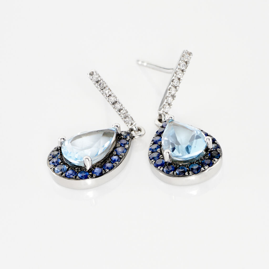 Boucles D'oreilles Puces Kenza Or Blanc Topaze Et Saphir Et Diamant - Boucles d'oreilles pendantes Femme | Histoire d’Or