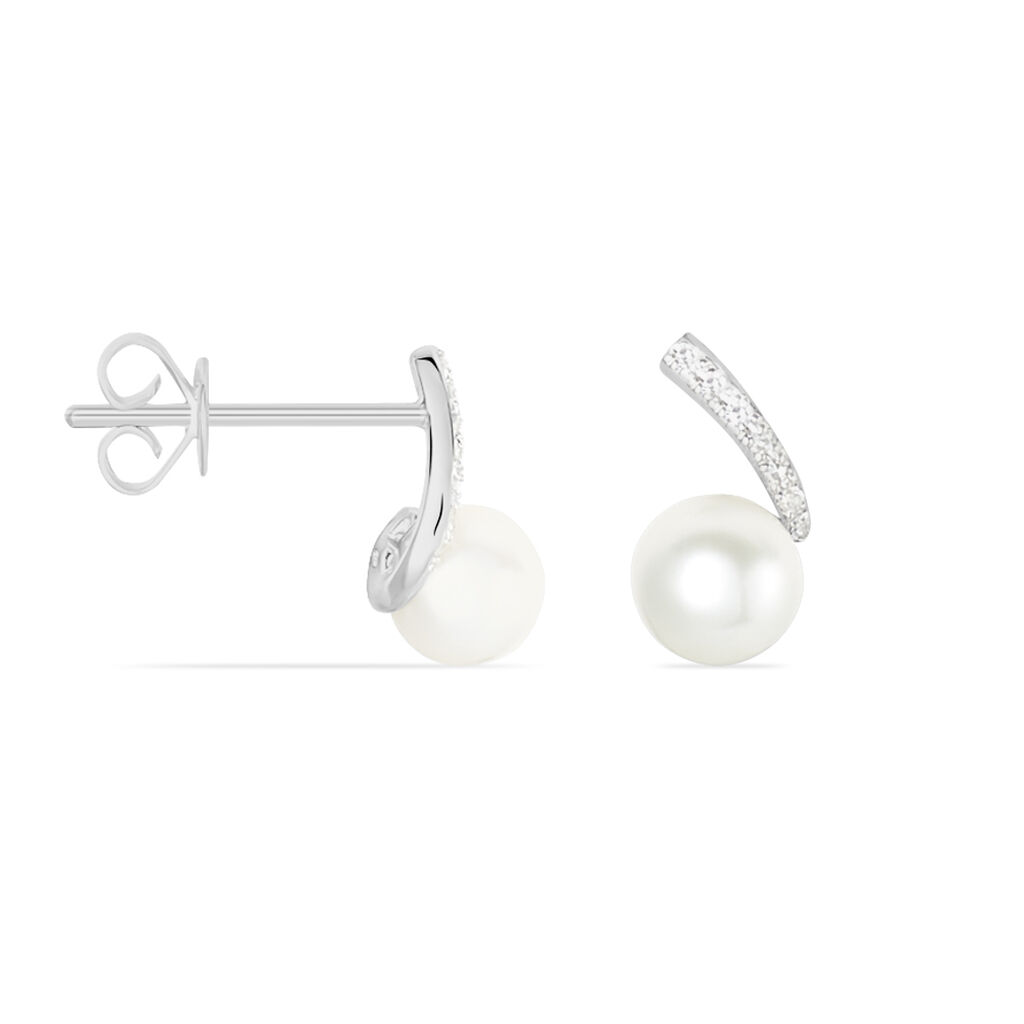 Boucles D'oreilles Puces Angel Or Blanc Perle De Culture Et Diamant - Clous d'oreilles Femme | Histoire d&rsquo;Or