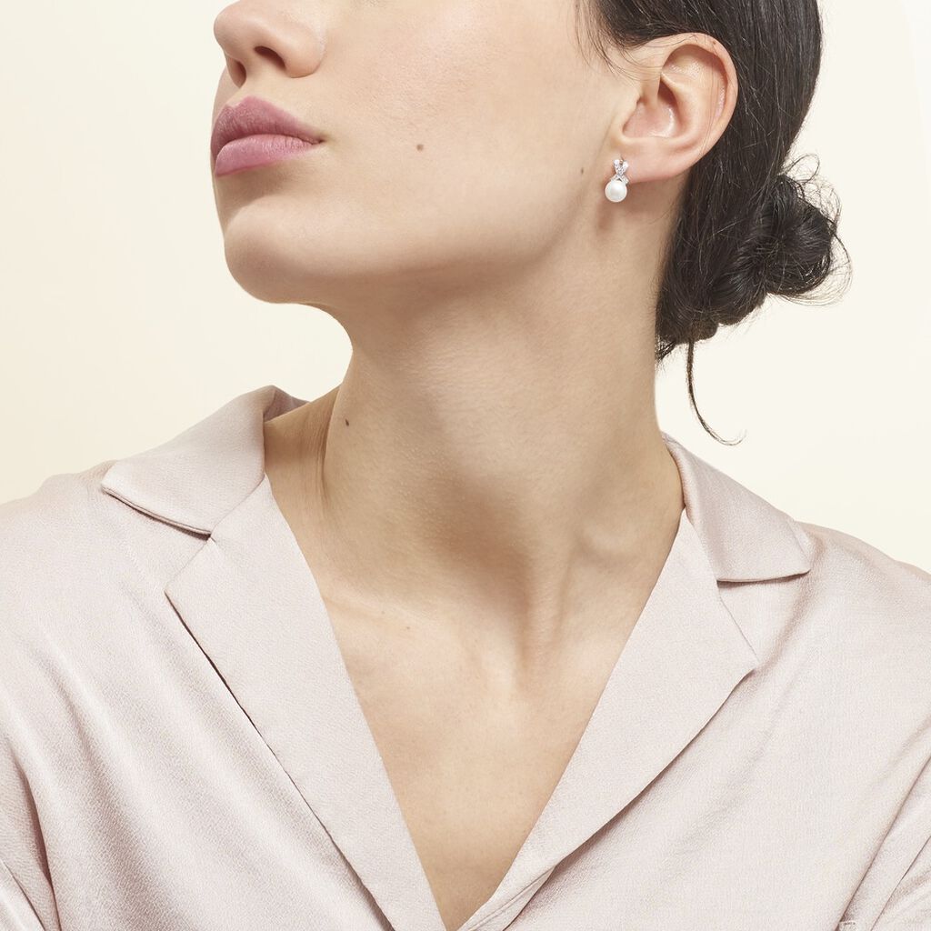 Boucles D'oreilles Pendantes Sathine Argent  Perle De Culture Et Oxyde - Boucles d'oreilles fantaisie Femme | Histoire d’Or