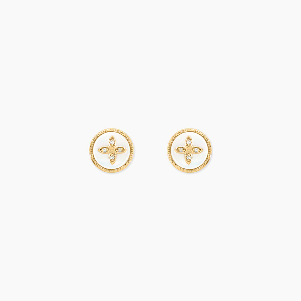 Boucles D'oreilles Puces Talisman Or Jaune Nacre Diamant - Clous d'oreilles Femme | Histoire d’Or