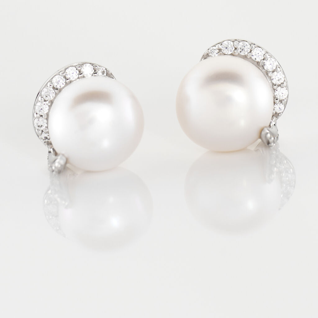 Boucles D'oreilles Puces Lucinda Or Blanc Perle De Culture Et Oxyde - Clous d'oreilles Femme | Histoire d’Or