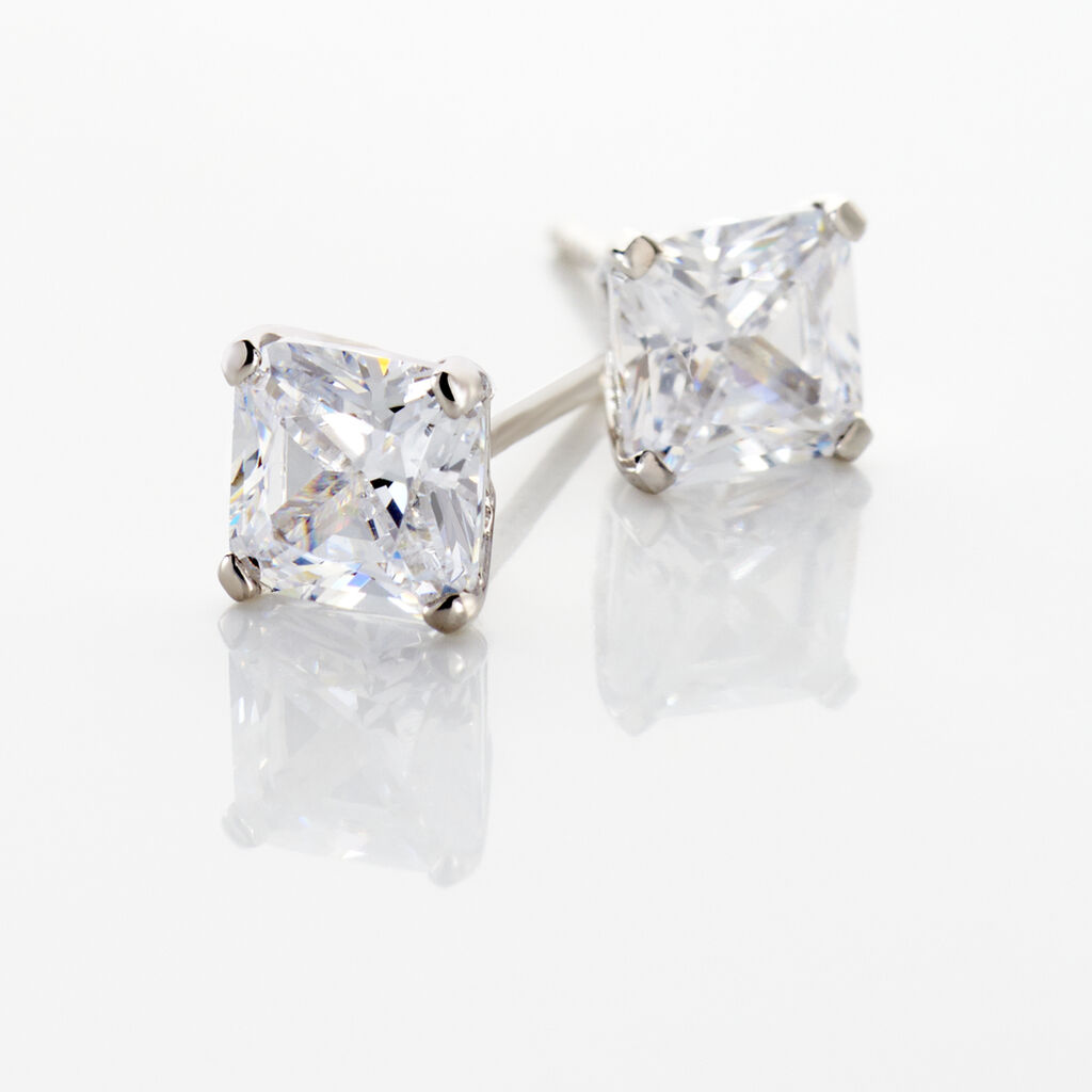 Boucles D'oreilles Puces Doreen Carre Or Blanc Oxyde De Zirconium - Clous d'oreilles Femme | Histoire d&rsquo;Or
