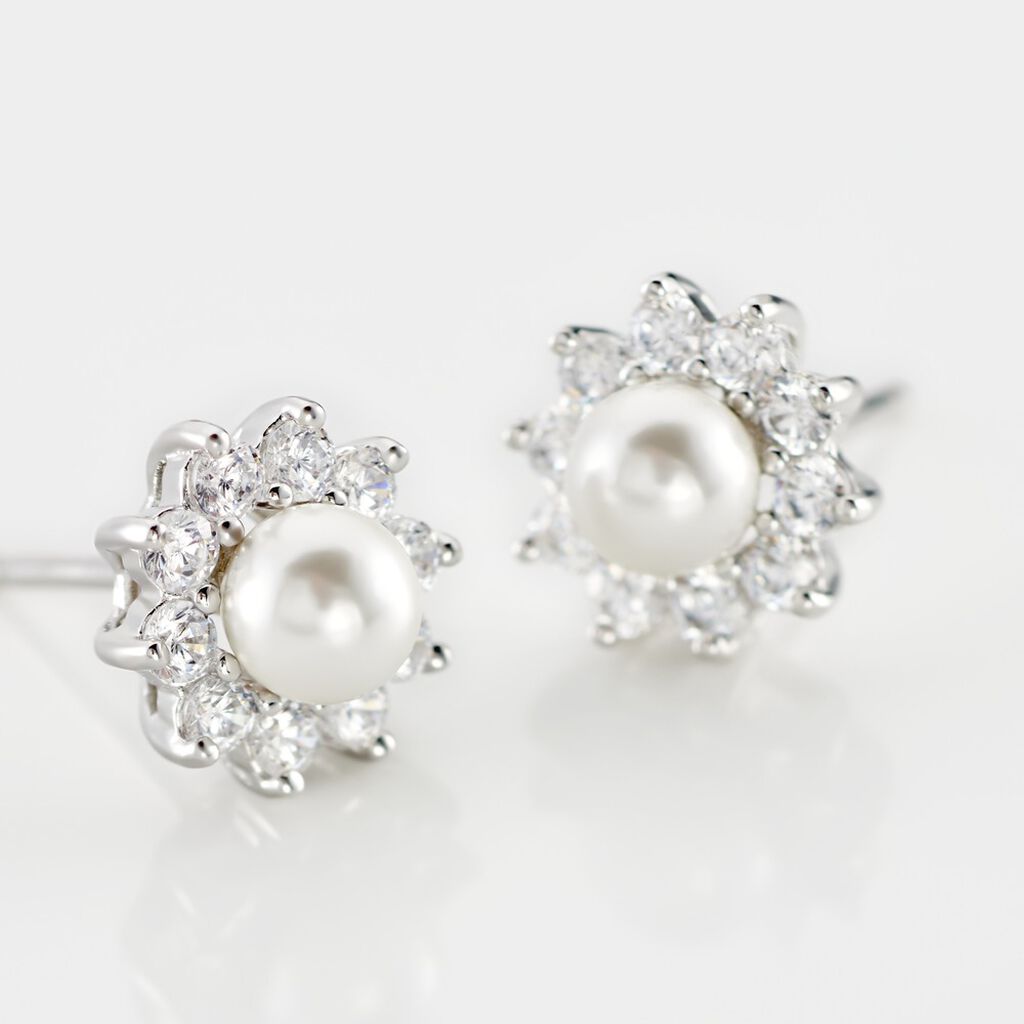 Boucles D'oreilles Puces Argent Blanc Cheri Perle De Culture Oxydes - Boucles d'oreilles fantaisie Femme | Histoire d’Or