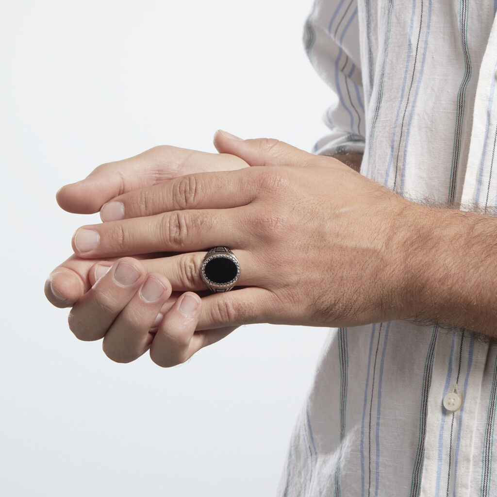 Bague Argent Blanc Thimeo Agathe Noire - Bagues solitaires Homme | Histoire d’Or