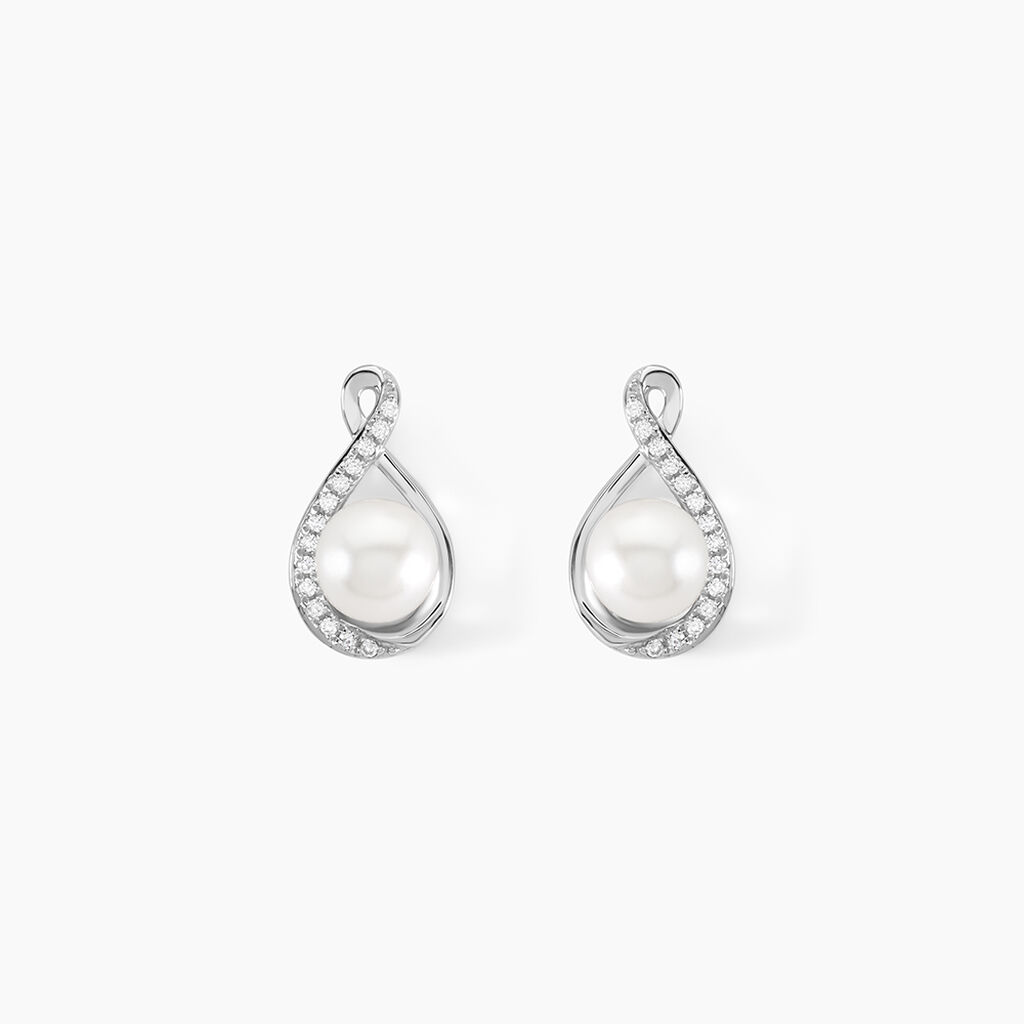 Boucles D'oreilles Davy Or Blanc Perle De Culture Oxyde - Clous d'oreilles Femme | Histoire d’Or