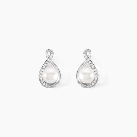 Boucles D'oreilles Davy Or Blanc Perle De Culture Oxyde - Clous d'oreilles Femme | Histoire d’Or