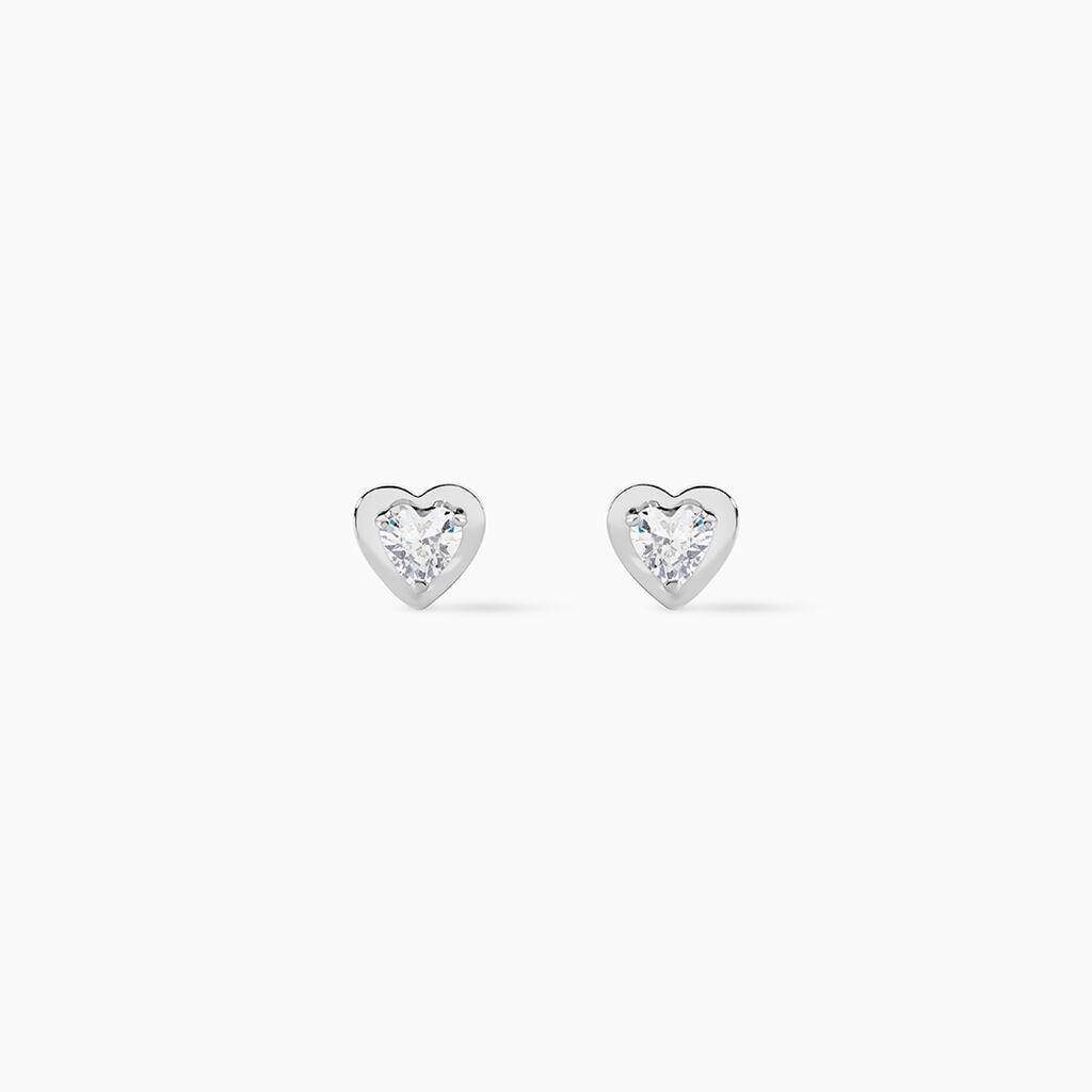 Boucles D'oreilles Puces Dot Coeur Plein Or Blanc Oxyde De Zirconium - Clous d'oreilles Famille | Histoire d&rsquo;Or