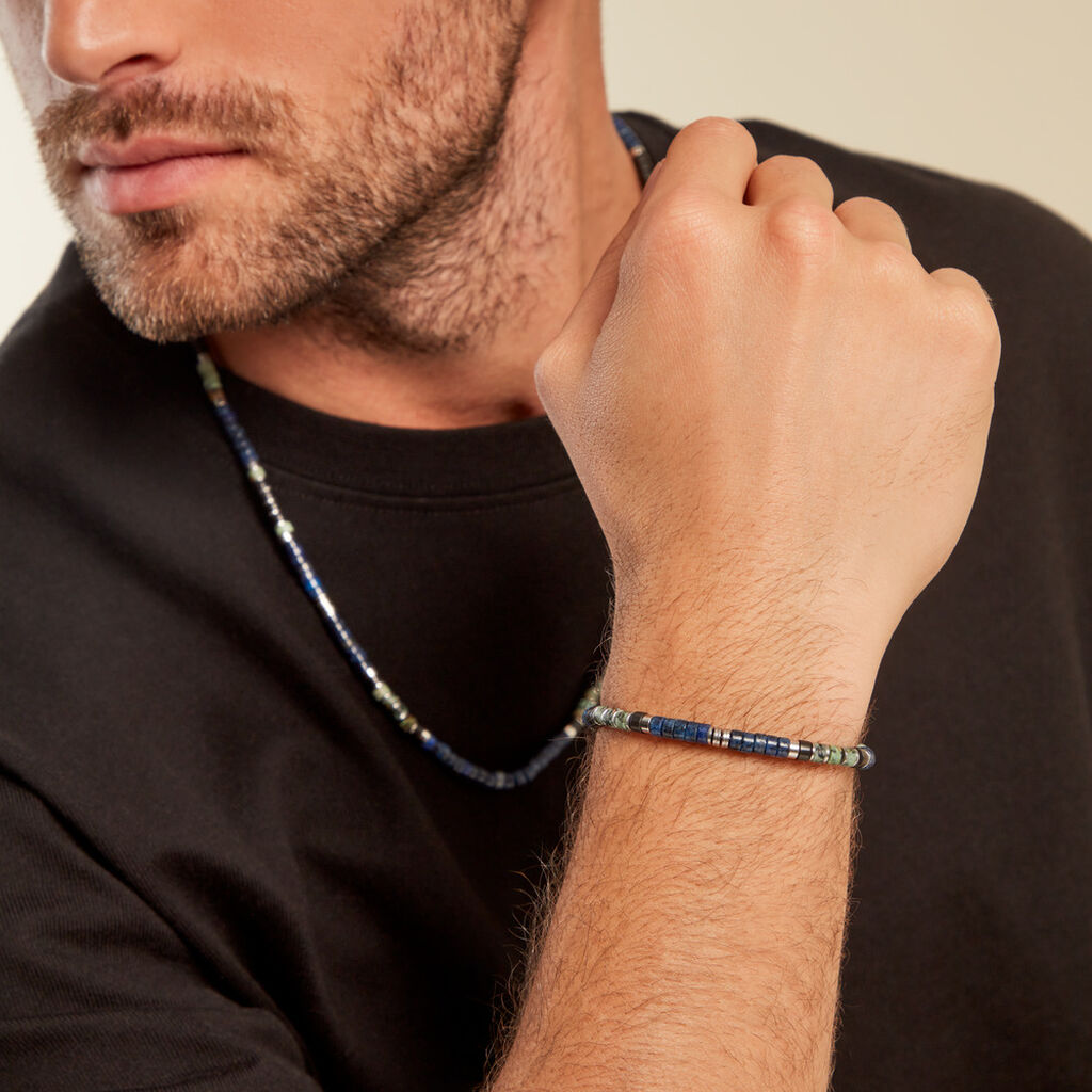 Bracelet Leeds Acier Blanc Lapis Lazuli Turquoise Pierre De Synthese - Bracelets Homme | Histoire d’Or