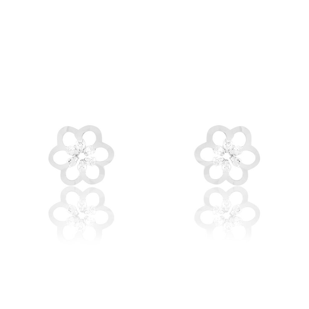 Boucles D'oreilles Puces Philine Fleur Or Blanc Oxyde De Zirconium - Clous d'oreilles Femme | Histoire d&rsquo;Or