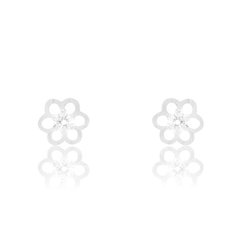 Boucles D'oreilles Puces Philine Fleur Or Blanc Oxyde De Zirconium - Clous d'oreilles Femme | Histoire d&rsquo;Or