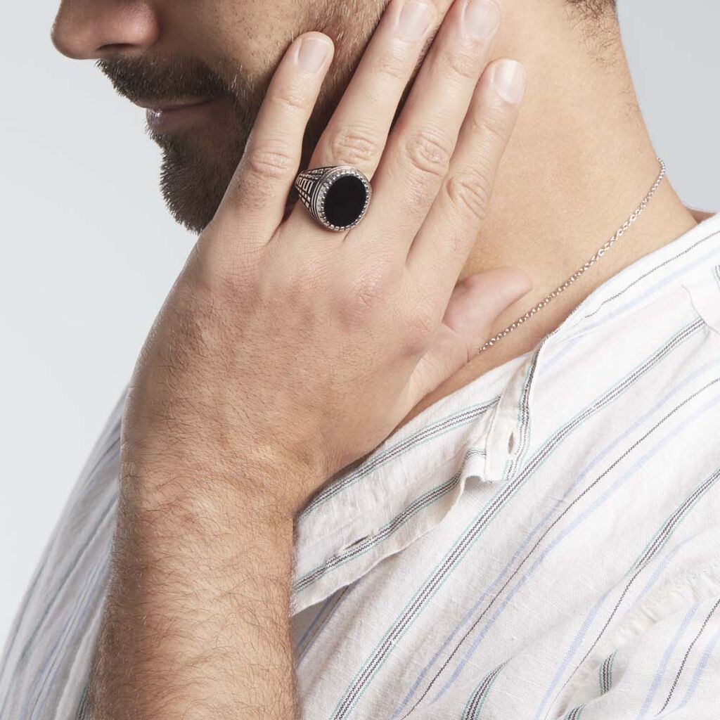 Bague Argent Blanc Thimeo Agathe Noire - Bagues solitaires Homme | Histoire d’Or
