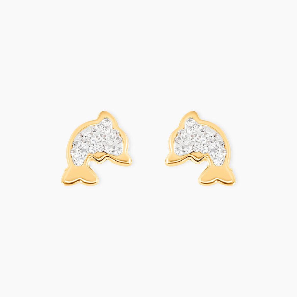 Boucles D'oreilles Puces Edmee Dauphin Or Jaune Strass - Clous d'oreilles Femme | Histoire d&rsquo;Or