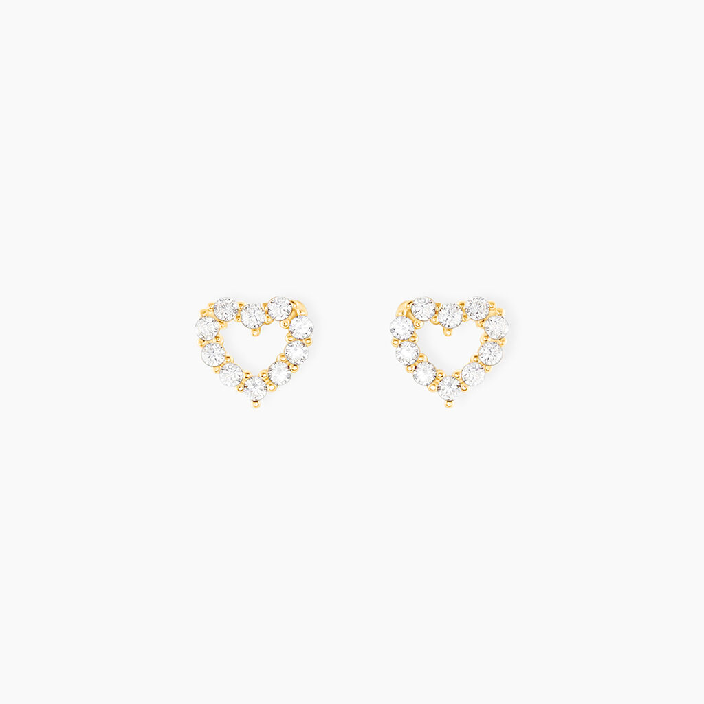 Boucles D'oreilles Puces Coeur Ajoure Or Jaune Oxyde De Zirconium - Clous d'oreilles Femme | Histoire d’Or
