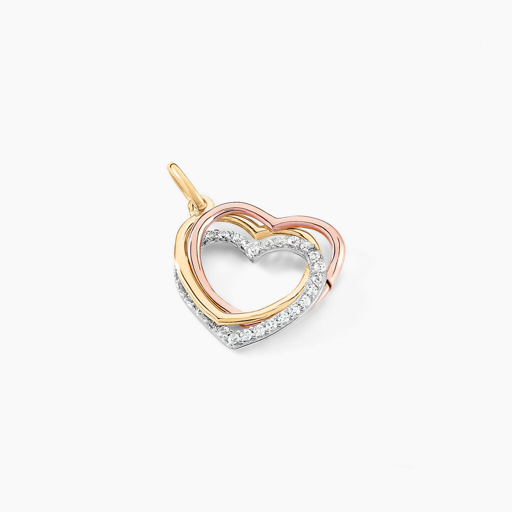 Pendentif Coeur Penche Double Or Bicolore Oxyde De Zirconium