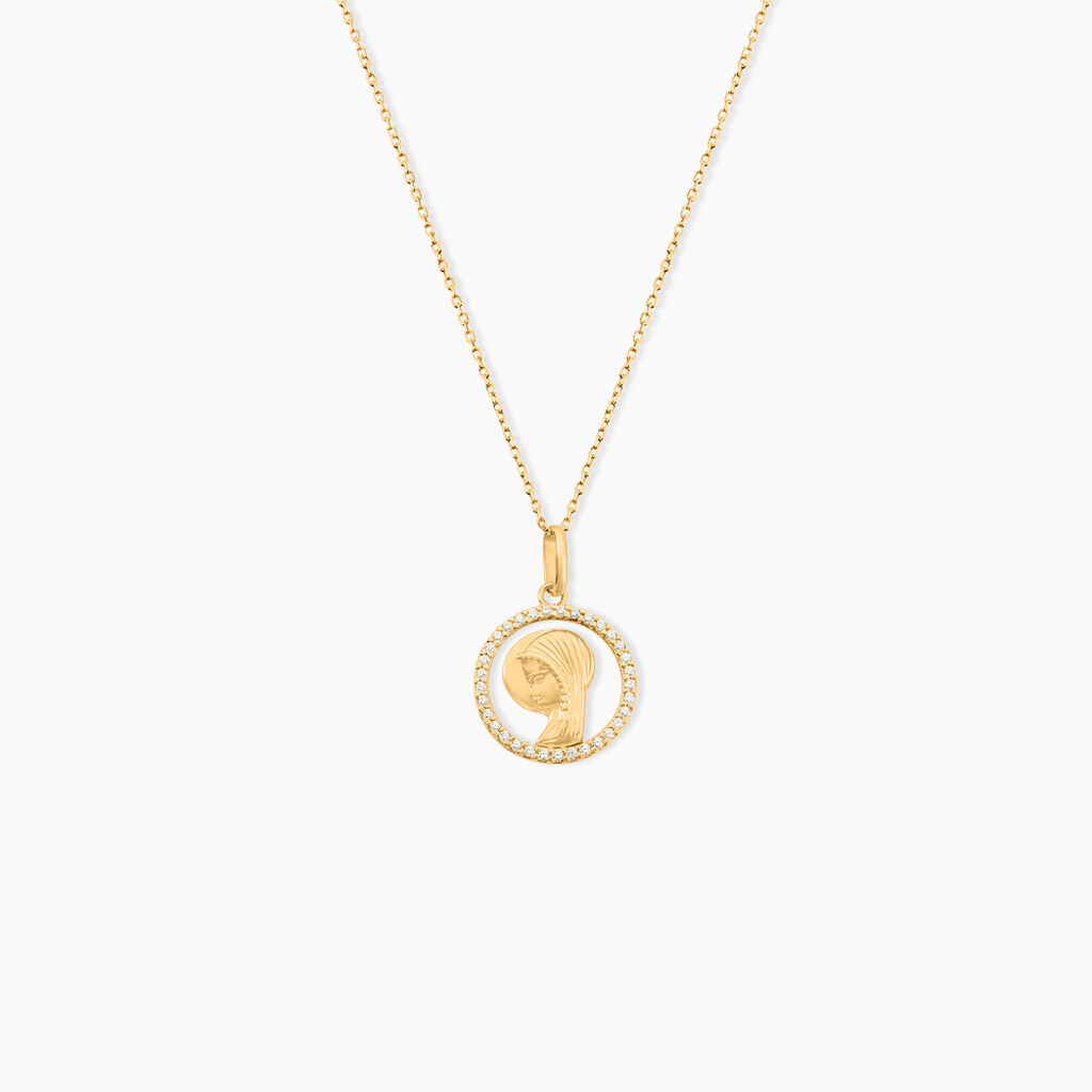 Pendentif Mary Vierge Rond Diamante Or Jaune Oxyde De Zirconium - Pendentifs Bapt&ecirc;me Famille | Histoire d&rsquo;Or