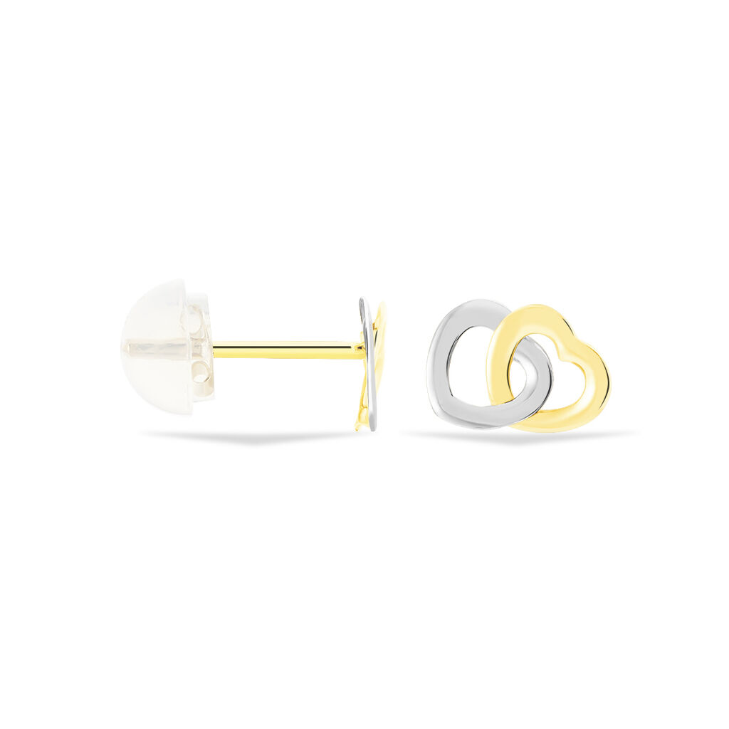 Boucles D'oreilles Puces Anne-maudae Double Coeurs Or Bicolore - Clous d'oreilles Femme | Histoire d’Or
