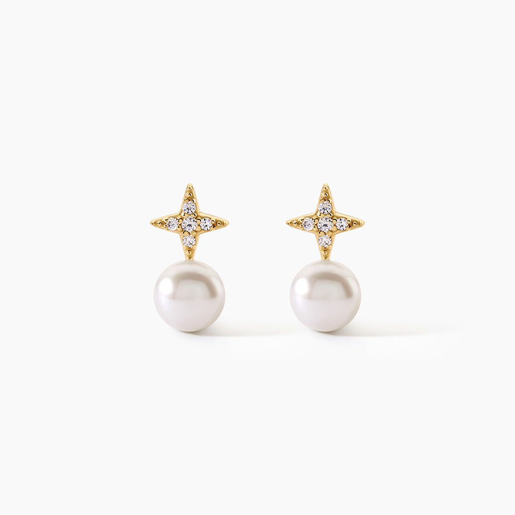 Boucles D'Oreilles Puces Kalpana Argent Dor&eacute; A L'Or 750/1000 Perle De Culture Oxyde De Zirconium - Boucles d'oreilles fantaisie Femme | Histoire d&rsquo;Or