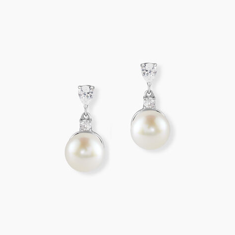 Boucles D'oreilles Pendantes Melya Argent  Perle De Culture Et Oxyde - Boucles d'oreilles fantaisie Femme | Histoire d’Or