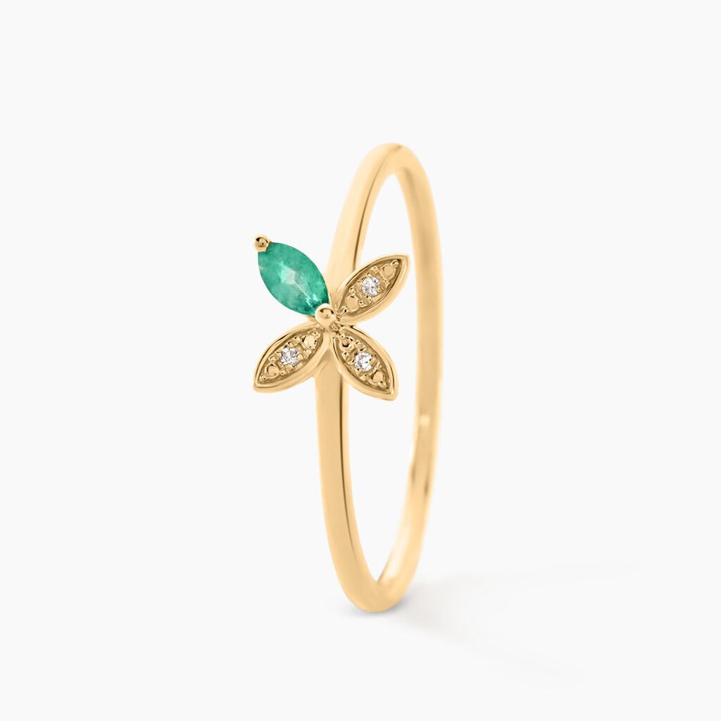 Bague Flower Power Or Jaune Emeraude Diamant - Bagues solitaires Femme | Histoire d&rsquo;Or