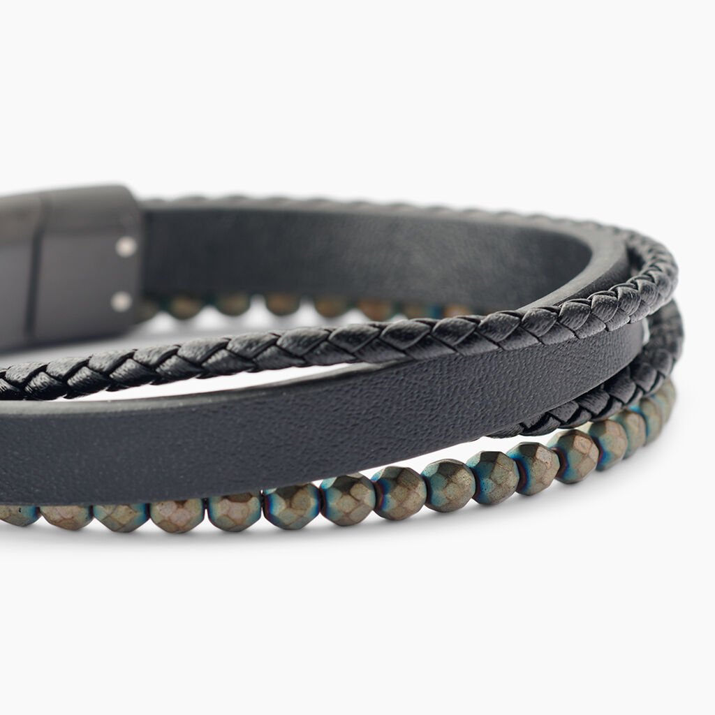 Bracelet Jourdan Cuir De Vache Noir H&eacute;matite - Bracelets Homme | Histoire d&rsquo;Or