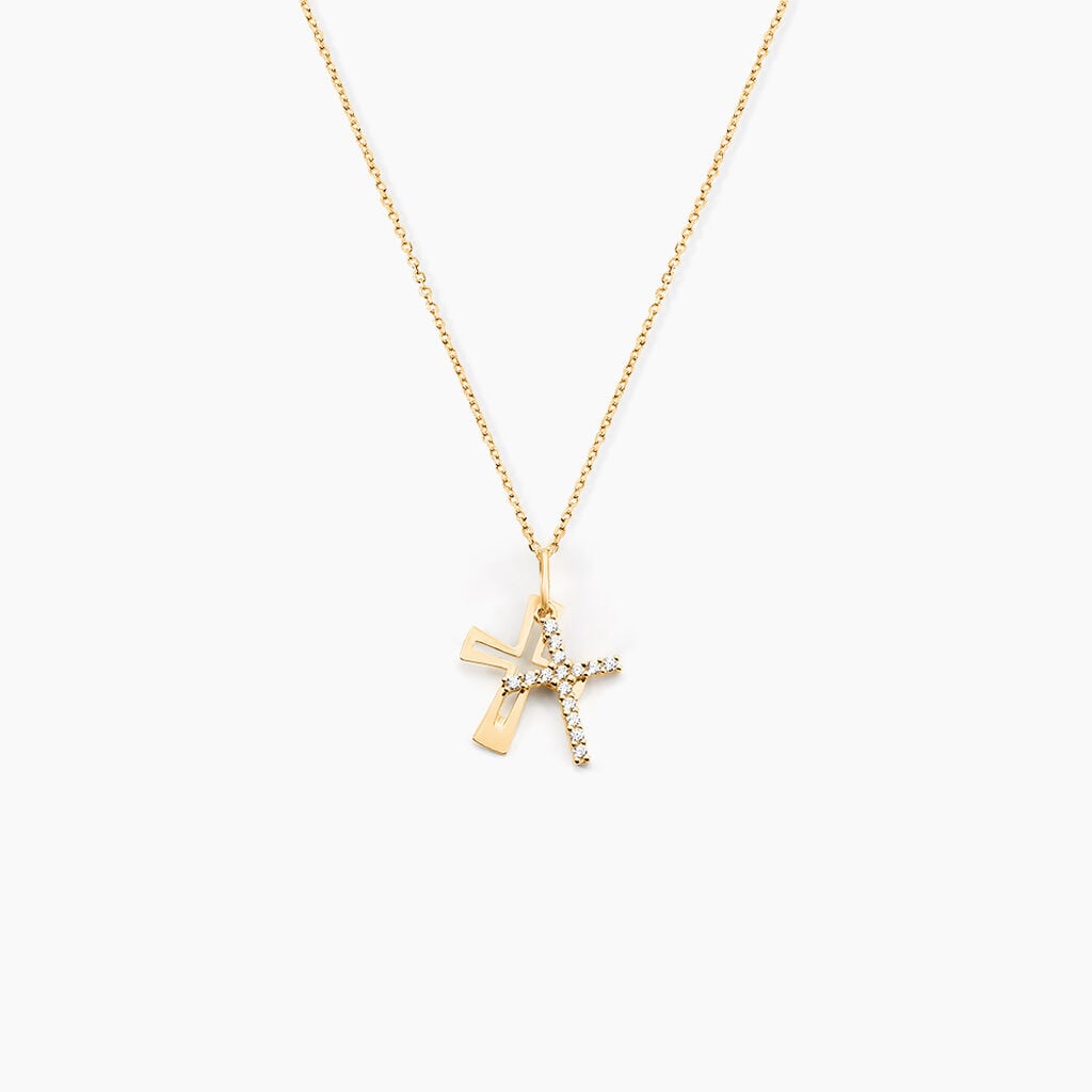 Pendentif Croix En Or Jaune 18k Sertie De Perles Et Diamant Pendentif Croix En Or Jaune 18k Sertie De Perles Et Diamant