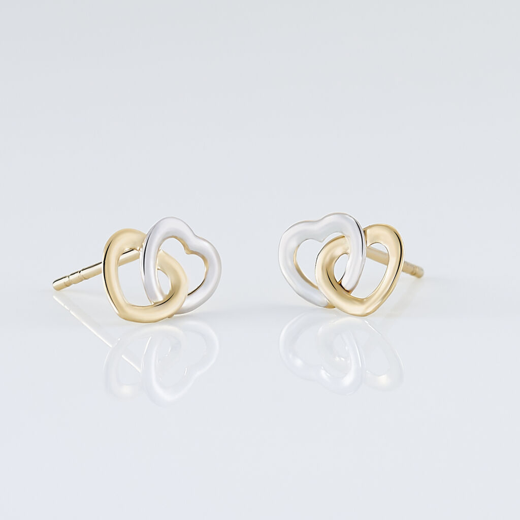 Boucles D'oreilles Puces Anne-maudae Double Coeurs Or Bicolore - Clous d'oreilles Femme | Histoire d’Or