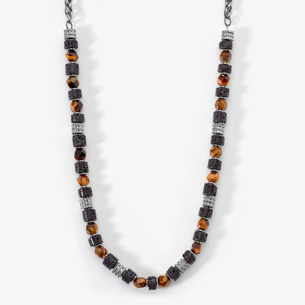 Collier Jourdan Bengale Acier Argent&eacute; Oeil De Tigre Pierre De Lave - Colliers fantaisie Homme | Histoire d&rsquo;Or