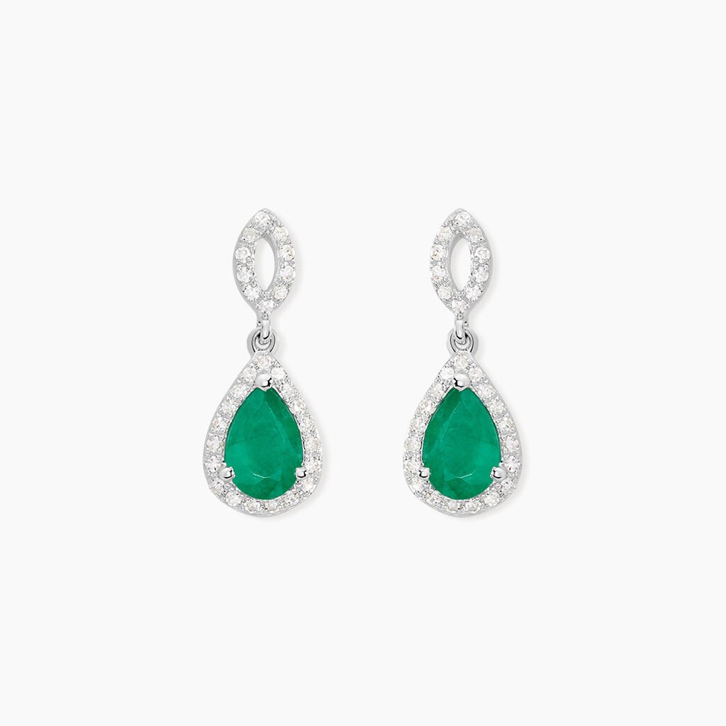 Boucles D'oreilles Puces Sissi Or Blanc Diamant Et Emeraude - Boucles d'oreilles pendantes Femme | Histoire d’Or