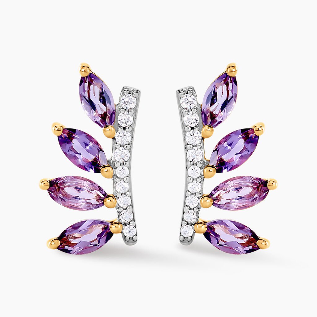 Boucles D'oreilles Puces Tiara Or Jaune Améthyste Oxyde De Zirconium - Clous d'oreilles Femme | Histoire d’Or