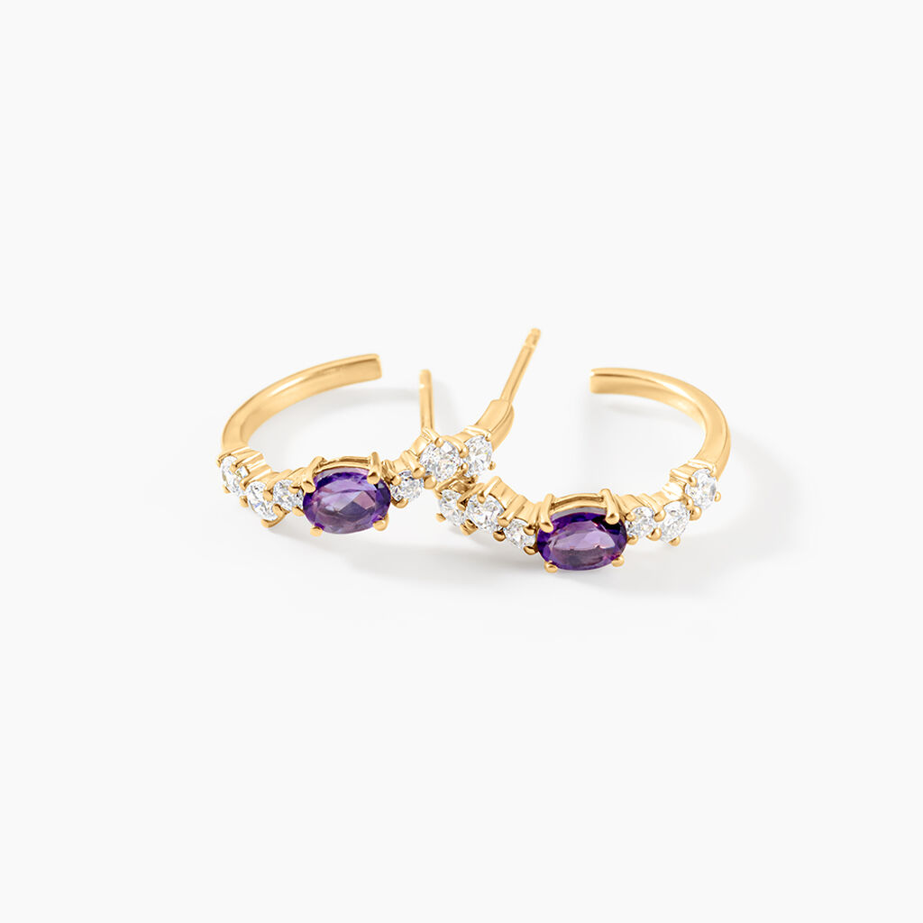 Cr&eacute;oles Shanie Argent Dor&eacute; A L'Or 750/1000 Am&eacute;thyste Oxyde De Zirconium - Boucles d'oreilles cr&eacute;oles Femme | Histoire d&rsquo;Or