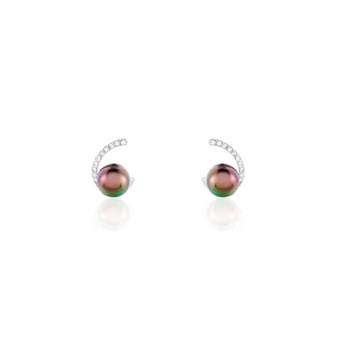 Boucles D'oreilles Puces Anais Or Blanc Perle De Culture Et Oxyde - Clous d'oreilles Femme | Histoire d’Or