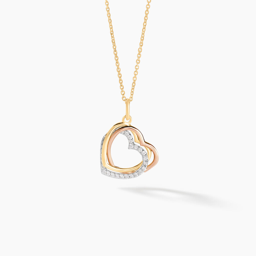 Pendentif Coeur Penche Double Or Tricolore Oxyde De Zirconium - Pendentifs Femme | Histoire d’Or