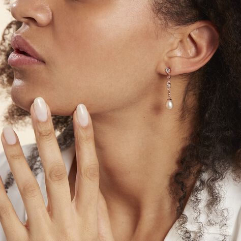 Boucles D'oreilles Pendantes Lynes Argent Rose Perle De Culture - Boucles d'oreilles fantaisie Femme | Histoire d’Or