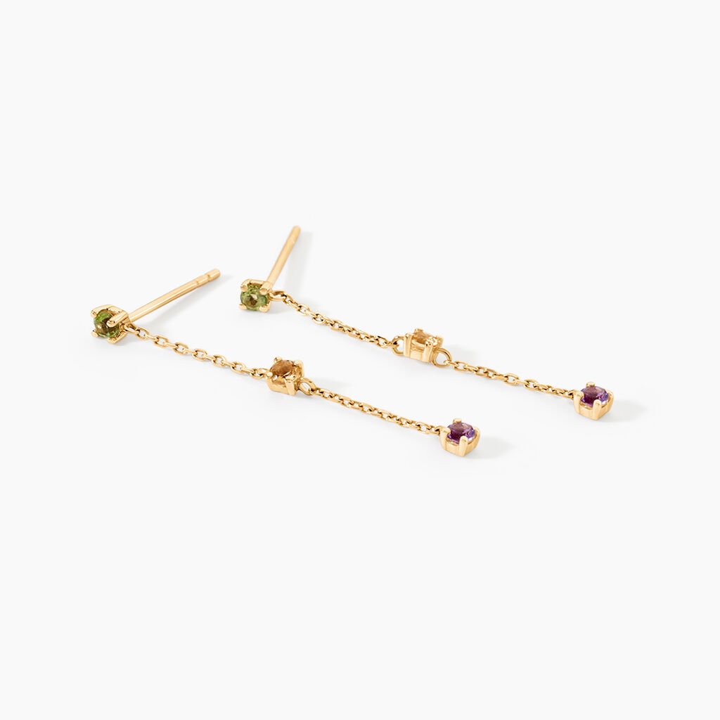 Boucles D'Oreilles Pendantes Frode Or Jaune P&eacute;ridot Am&eacute;thyste Citrine - Boucles d'oreilles pendantes Femme | Histoire d&rsquo;Or