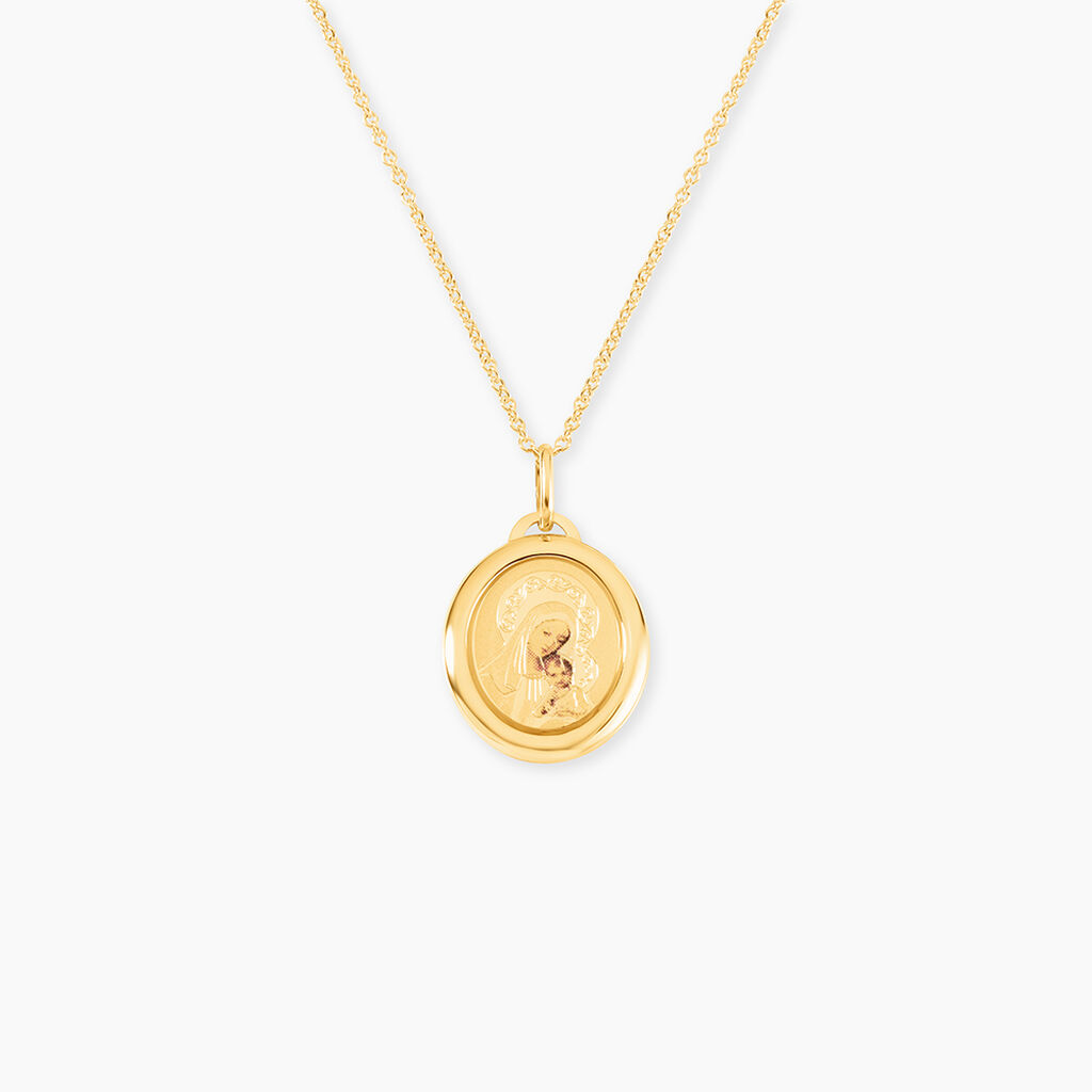 Collier Pendentif Vierge Marie Plaqué Or 750 - Ovale - 45 Cm - Neuf Avec Étiq.